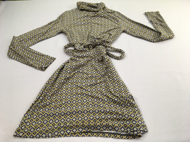 Robe m.l à carreaux motifs géométrique jaune-blanc-gris avec ceinture, moins cher chez Petit Kiwi