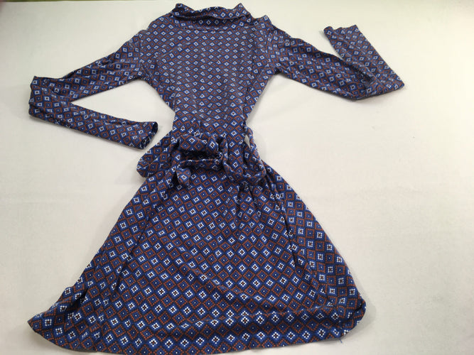 Robe m.l à carreaux motifs géométrique bleu-blanc-brun avec ceinture, moins cher chez Petit Kiwi