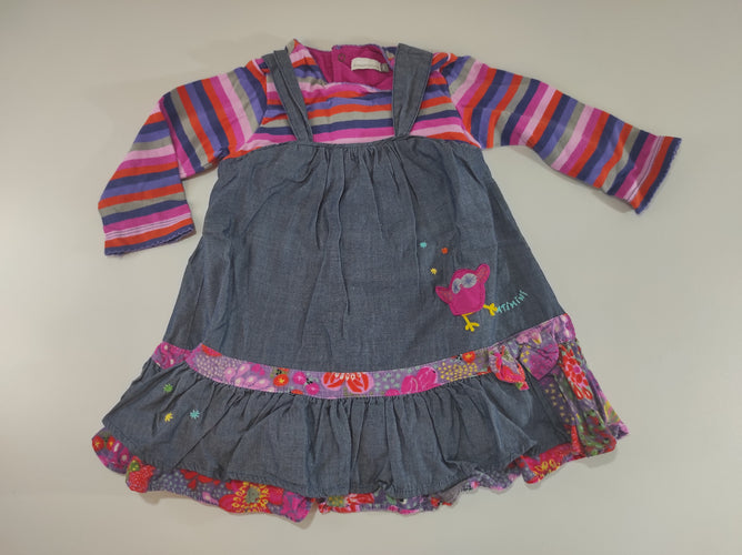 Robe m.l effet 2 en1 dessous ligné coloré  robe salopette denim , motif chouette, moins cher chez Petit Kiwi