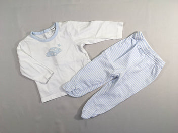 T-shirt m.l blanc/bleu voiture + pantalon à pied jersey blanc rayé bleu