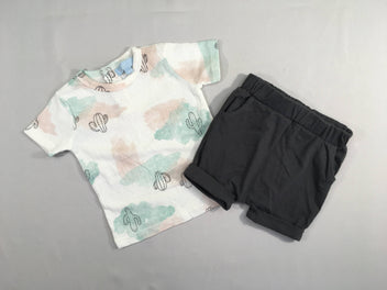 T-shirt m.c blanc aquarelle rose/bleu catctus + short molleton gris foncé