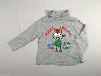 T-shirt col roulé gris chiné chat relief