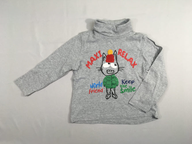 T-shirt col roulé gris chiné chat relief, moins cher chez Petit Kiwi