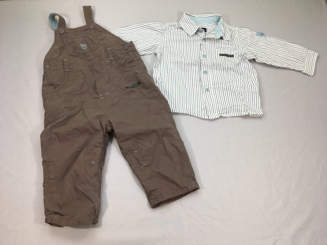 Salopette brune + chemise blanche lignée, moins cher chez Petit Kiwi