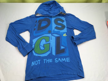 T-shirt m.l bleu à capuche DSGL, légèrement bouloché