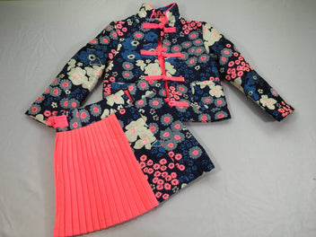 Veste bleu foncé broderies fleurs rose/doré + jupe