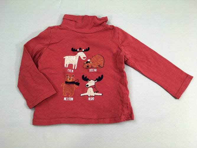 T-shirt m.l col roulé rouge animaux, moins cher chez Petit Kiwi