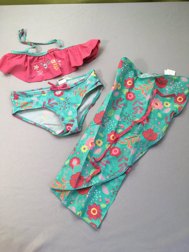 Bikini rose/bleu fleurs +paréo en coton (8a), moins cher chez Petit Kiwi