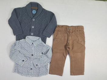 Gilet mailles gris bleu foncé col châle + chemise m.l motifs brun/bleu + pantalon chino brun
