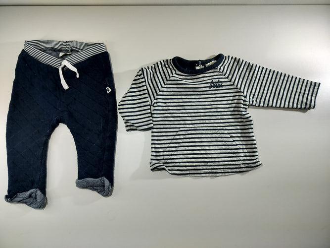 T-shirt m.l rayé gris, bleu marine + Pantalon effet matelassé bleu marine à revers, moins cher chez Petit Kiwi